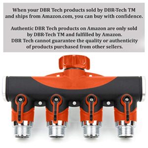 DBR Tech 4 Way Garden Hose Splitter for Outdoor Lawn and Gardening Hoses, Heavy Duty Metal Faucet Attachment, Leak Resistant Threading with Shut Off Valves, Four Way Spigot Adapter Full Flow, Orange