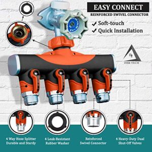 DBR Tech 4 Way Garden Hose Splitter for Outdoor Lawn and Gardening Hoses, Heavy Duty Metal Faucet Attachment, Leak Resistant Threading with Shut Off Valves, Four Way Spigot Adapter Full Flow, Orange