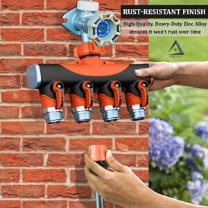 DBR Tech 4 Way Garden Hose Splitter for Outdoor Lawn and Gardening Hoses, Heavy Duty Metal Faucet Attachment, Leak Resistant Threading with Shut Off Valves, Four Way Spigot Adapter Full Flow, Orange