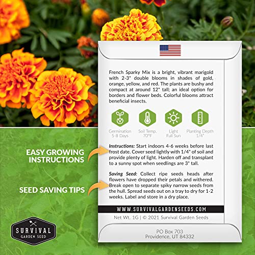 Survival Garden Seeds - French Sparky Marigold Seed for Planting - 3 Packs with Instructions to Plant and Grow Large Tagetes Patula Flowers in Your Home Vegetable Garden - Non-GMO Heirloom Variety