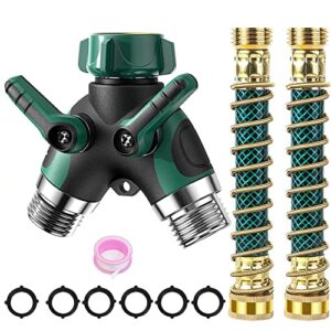 klmnduo garden hose splitter 2 way heavy duty, 3/4″ water splitter y way connector 2 valves rubberized grip with 2 kink free faucet extension hose protector 6 rubber washers