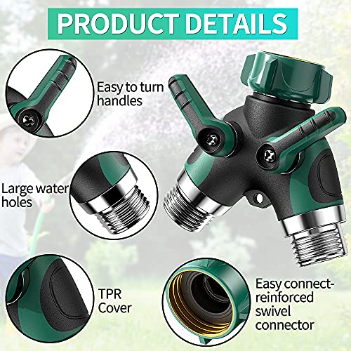 KLMNDUO Garden Hose Splitter 2 Way Heavy Duty, 3/4" Water Splitter Y Way Connector 2 Valves Rubberized Grip with 2 Kink Free Faucet Extension Hose Protector 6 Rubber Washers