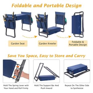 Garden Kneeler Seat and Bench Heavy Duty (Hold 330lbs-150kg), Upgraded Thicker & Wider Soft Detachable Kneeling Pad, Garden Kneeler & Stool with 2 Tool Pouches, Garden Gift for Women & Men, Navy Blue