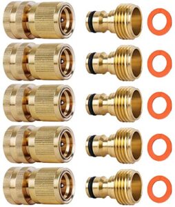 shownew garden hose quick connectors, solid brass 3/4 inch ght thread easy connect fittings no-leak water hose male female value pack (5)