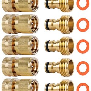 SHOWNEW Garden Hose Quick Connectors, Solid Brass 3/4 inch GHT Thread Easy Connect Fittings No-Leak Water Hose Male Female Value Pack (5)