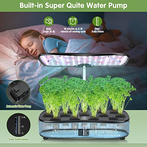 Hydroponics Growing System, Indoor Gardening System with LED Grow Light, 12 Pods Plant Germination Kit with Quiet Pump, Height Adjustable Indoor Grow Kit Countertop Garden Automatic Timer Black