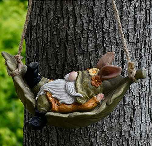 Gardenfans Garden Gnomes Statue Outdoor Decoration Hanging Tree Outside Swinging Leaf Hammock Figurine Resin Fairy Garden Decor for Patio Yard