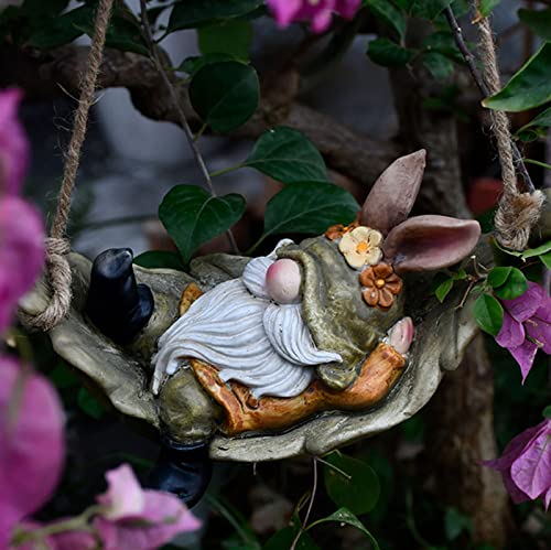 Gardenfans Garden Gnomes Statue Outdoor Decoration Hanging Tree Outside Swinging Leaf Hammock Figurine Resin Fairy Garden Decor for Patio Yard