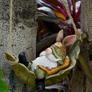 Gardenfans Garden Gnomes Statue Outdoor Decoration Hanging Tree Outside Swinging Leaf Hammock Figurine Resin Fairy Garden Decor for Patio Yard