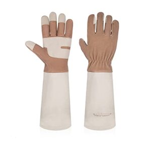 gardening gloves for women & men, leather long sleeve rose pruning gloves, thorn proof garden work gauntlet animal handling gloves (medium, light brown)