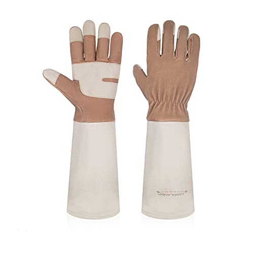 Gardening Gloves for Women & Men, Leather Long Sleeve Rose Pruning Gloves, Thorn Proof Garden Work Gauntlet Animal Handling Gloves (Medium, Light Brown)