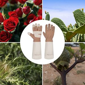 Gardening Gloves for Women & Men, Leather Long Sleeve Rose Pruning Gloves, Thorn Proof Garden Work Gauntlet Animal Handling Gloves (Medium, Light Brown)