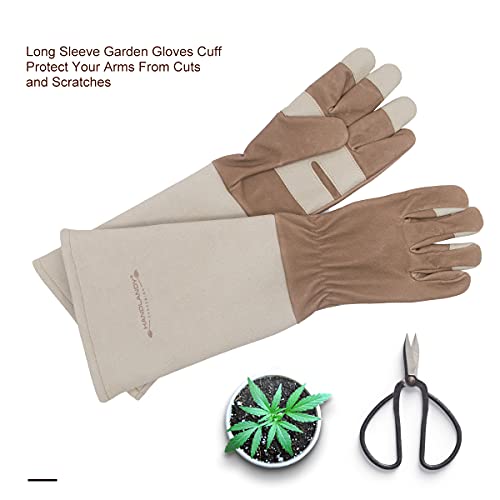 Gardening Gloves for Women & Men, Leather Long Sleeve Rose Pruning Gloves, Thorn Proof Garden Work Gauntlet Animal Handling Gloves (Medium, Light Brown)