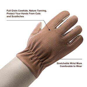 Gardening Gloves for Women & Men, Leather Long Sleeve Rose Pruning Gloves, Thorn Proof Garden Work Gauntlet Animal Handling Gloves (Medium, Light Brown)