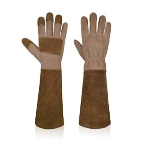 Garden Gloves Women&Men,Rose Pruning Gloves Pigskin Leather Puncture Resistance Long Sleeve Rose Gardening Gloves,Thorn Proof Garden Work Gauntlet with Forearm Protection (L, Brown)