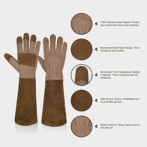 Garden Gloves Women&Men,Rose Pruning Gloves Pigskin Leather Puncture Resistance Long Sleeve Rose Gardening Gloves,Thorn Proof Garden Work Gauntlet with Forearm Protection (L, Brown)