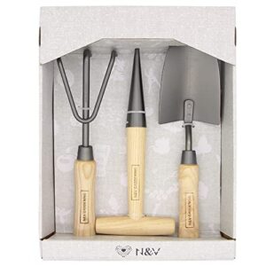 N&V Gardening Tools Set, 3 Pcs Garden Tools Set, Nickel Plated Stainless Steel Heavy Duty Gardening Tools Kit, Hand Trowel, Dibble and Hand Rake