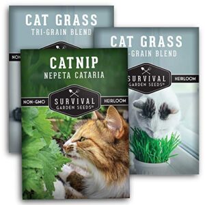 survival garden seeds cat collection seed vault – non-gmo heirloom seeds for planting – catnip and 2 cat grass packets – amazing herbal plants and greens for your kitty’s health & recreation