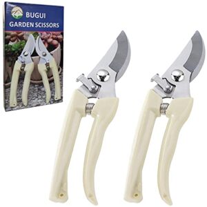 bugui bypass garden pruning shears – 2 pack, ultra lightweight hand pruners make cut smooth & clean, professional gardening scissors for cutting live flowers, plants, light branches.
