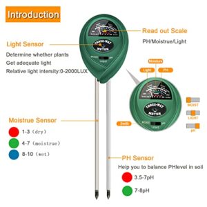 KUNELL PAPO Soil Test Kit for Moisture, pH& Sunlight Meter,3 in 1 Soil Tester for Plant, Vegetables, Garden, Lawn, Farm, Indoor/Outdoor Use (No Battery Need)（Green）