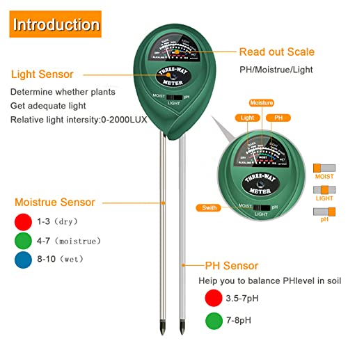 KUNELL PAPO Soil Test Kit for Moisture, pH& Sunlight Meter,3 in 1 Soil Tester for Plant, Vegetables, Garden, Lawn, Farm, Indoor/Outdoor Use (No Battery Need)（Green）