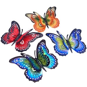 metal butterfly wall decor- 6.5” 3d metal colorful hanging double wings butterflies for garden yard decoration outdoor or indoor (4 pack)
