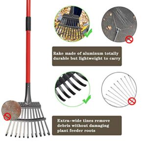 Adjustable Garden Rake for Leaves,38”-63”Long Handle Garden Rake,Expanding Metal 11 Tines Shrub Rake,Lightweight Heavy Duty Handle Thatch Rake,Professional Lawn Rake to Collect Leaf & Poop among Yards