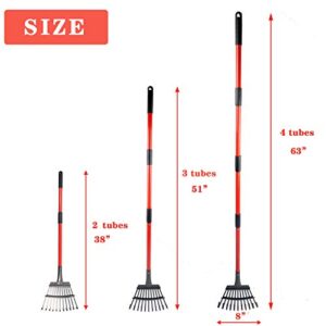 Adjustable Garden Rake for Leaves,38”-63”Long Handle Garden Rake,Expanding Metal 11 Tines Shrub Rake,Lightweight Heavy Duty Handle Thatch Rake,Professional Lawn Rake to Collect Leaf & Poop among Yards