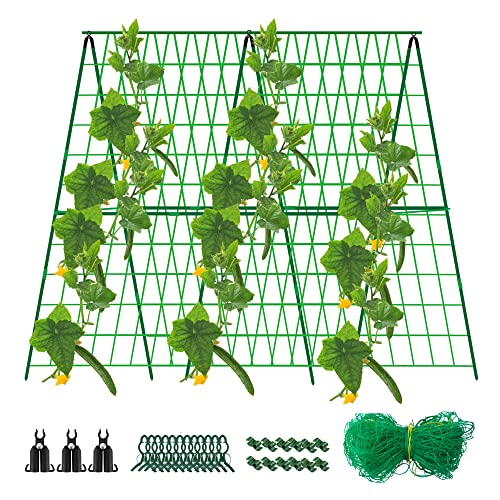 DECOHS A-Frame Metal Garden Trellis Set for Raised Bed-47x 47 Inch Detachable Cucumber Climbing Trellis with Net and Clips-Garden Climbing Trellis for Outdoor Plant Cucumber Flowers Vegetables