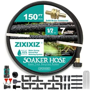 soaker hose 150 ft,1/2″ heavy duty soaker garden hose with solid brass connector for for garden vegetable beds, tree,lawn and plants