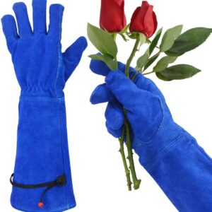 GLOSAV Professional Thorn Proof Gardening Gloves for Women and Men Rose Pruning & Cactus Trimming, Long Sleeve Heavy Duty Ladies Garden Gloves, Cowhide Leather (Small, Blue)