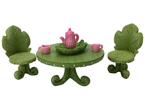 Miniature Fairy Garden Furniture Set: Leaf Bistro Set with Tea Set for Fairies and Garden Gnomes