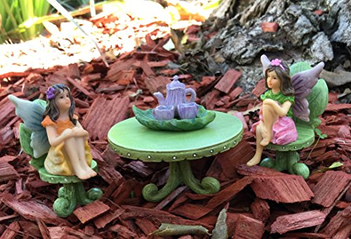 Miniature Fairy Garden Furniture Set: Leaf Bistro Set with Tea Set for Fairies and Garden Gnomes