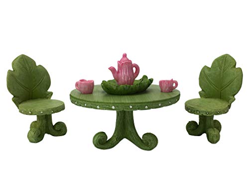 Miniature Fairy Garden Furniture Set: Leaf Bistro Set with Tea Set for Fairies and Garden Gnomes