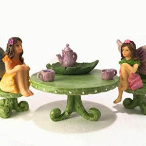 Miniature Fairy Garden Furniture Set: Leaf Bistro Set with Tea Set for Fairies and Garden Gnomes