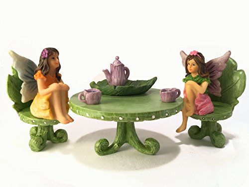 Miniature Fairy Garden Furniture Set: Leaf Bistro Set with Tea Set for Fairies and Garden Gnomes