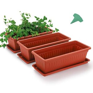 growneer 3 packs 15 inches terracotta color flower window box plastic vegetable planters with 15 pcs plant labels, for windowsill, patio, garden, home décor, porch