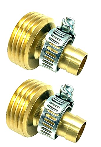 BRUFER 5022M Brass Male Garden Hose Thread Swivel With 1/2" Barb x 3/4"GHT, Includes Stainless Steel Clamps - Pack of 2 Complete Fittings with Clamps