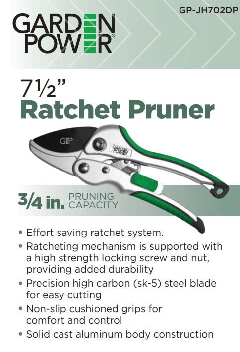 Garden Power Premium Heavy Duty Ratchet Pruning Shears, Professional Hand Pruner Garden Tool, Ergonomic Grip, 8 Inch yard clippers, Quality Carbon Steel with Ratchet Mechanism, ideal for women, senior