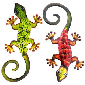 aboxoo metal gecko set wall decor -large lizard garden art sculpture crafts statue hanging decoration ornaments for room/yard/fence/garden/children’s toy/gift (red, green)