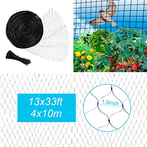 Unves Bird Netting, 13 x 33 Feet Reusable Heavy Duty Fruit Tree Netting with 50pcs Cable Ties, Garden Netting for Seedlings Plants Vegetables Protection from Birds and Animals Reusable Fencing