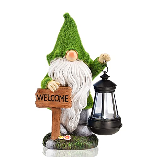 LNPNRENG Flocked Resin Gnome Garden Decoration Figures, Garden Gnomes for Outdoor Use with LED Solar Lantern, Waterproof, Funny, Welcome Gnome, Gift for Home, Yard, Lawn, Balcony Decoration 30 cm