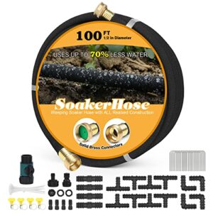 soaker hose 100ft for garden beds solid brass interface irrigation save 70% water heavy duty rubber 1/2″ diameter great for gardens/flower beds accessories contain various connections