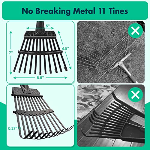 Garden Leaves Rake,60 Inch Heavy Duty Small Shrub Rake 11 Metal Tines 8.5 inch Wide,Adjustable Steel Handle,Garden Leaf Rake for Collecting Debris Among Flower Beds, Delicate Plants, Lawns ,Yards
