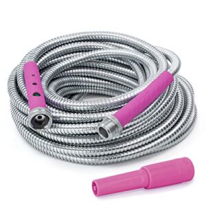 bernini 50′ metal garden hose lite super flexible garden hose, lightweight no kink puncture resistant 304 stainless steel hose with adjustable fireman spray nozzle & patented power couplers – pink