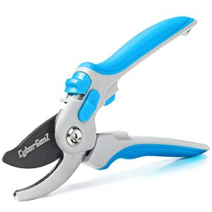 cybergenz bypass pruning shears – 8″ garden shears pruning, heavy duty garden clippers handheld with blue adjustable grip, gardening pruners tool for trimming plant, cutting flowers, cut up to 3/4″
