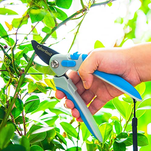 CyberGenZ Bypass Pruning Shears - 8" Garden Shears Pruning, Heavy Duty Garden Clippers Handheld with Blue Adjustable Grip, Gardening Pruners Tool for Trimming Plant, Cutting flowers, Cut Up to 3/4"