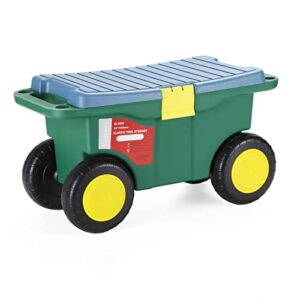 garden scooter cart, rolling garden cart with seat, lawn & garden storage cart for weeding & planting, gardening storage bin with tool tray & rope, green & blue