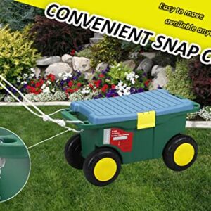 Garden Scooter Cart, Rolling Garden Cart with Seat, Lawn & Garden Storage Cart for Weeding & Planting, Gardening Storage Bin with Tool Tray & Rope, Green & Blue