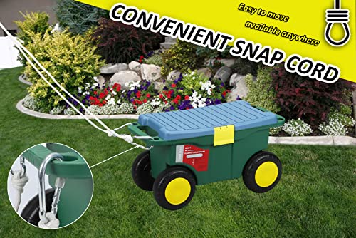 Garden Scooter Cart, Rolling Garden Cart with Seat, Lawn & Garden Storage Cart for Weeding & Planting, Gardening Storage Bin with Tool Tray & Rope, Green & Blue